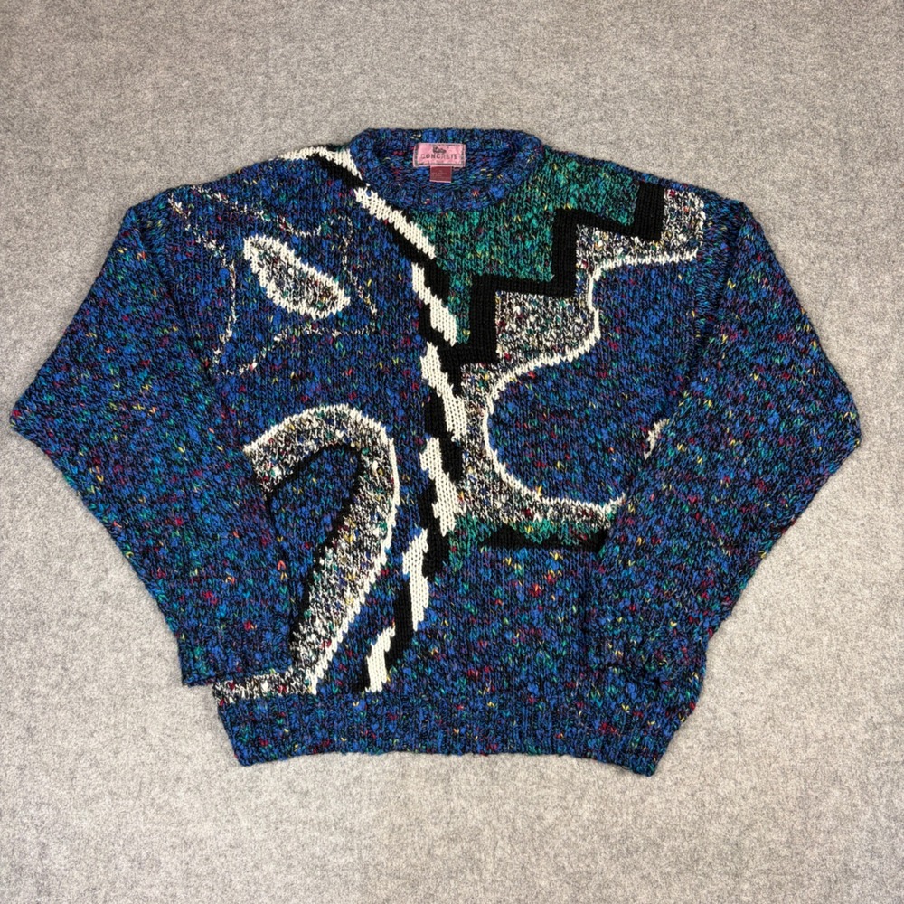 Vintage Concrete Abstract Geometric Confetti Knit Sweater Blue XL 90s Crewneck